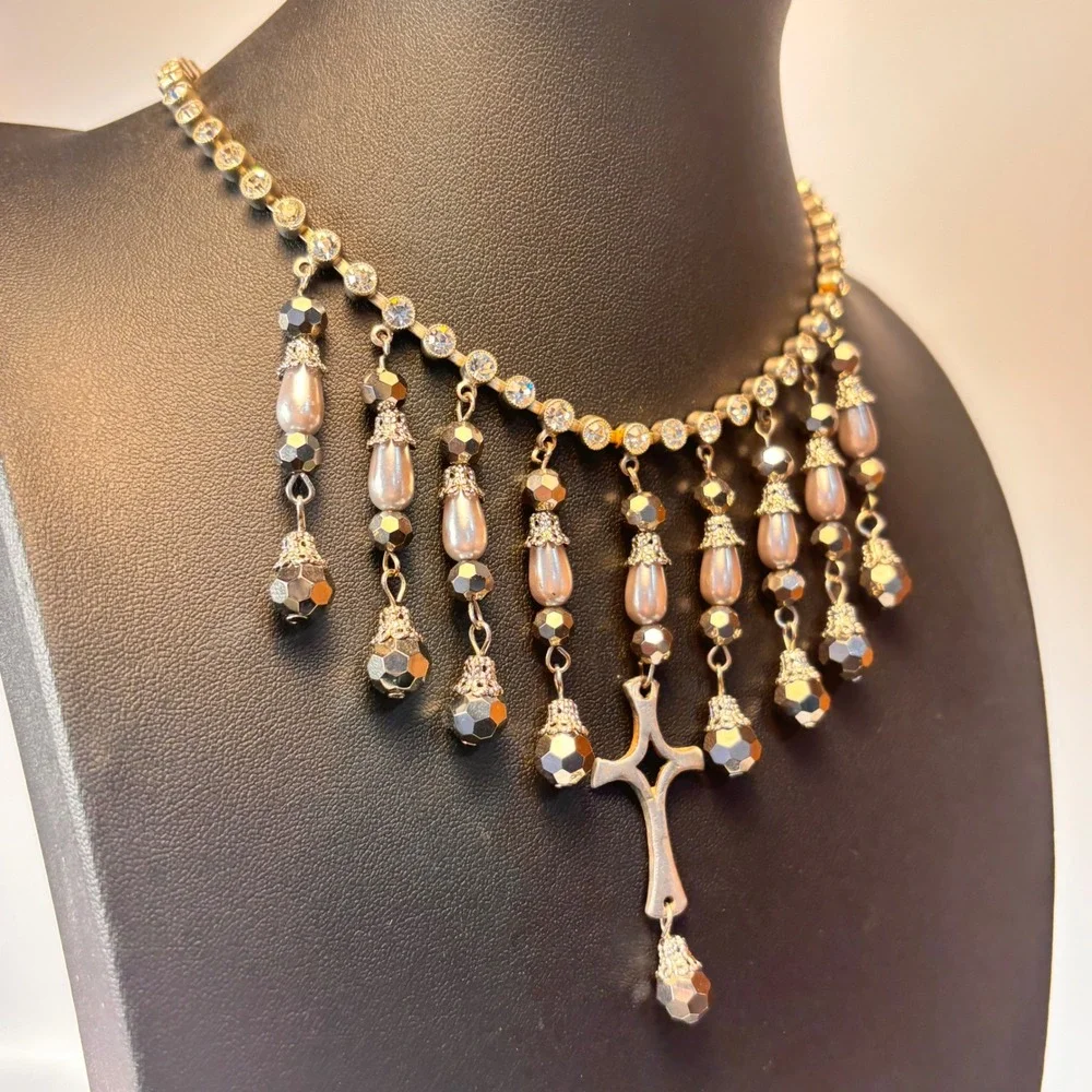 Vintage Cross Fringe Necklace Silver Pearl Rhinestone Goth Whimsygoth Statement